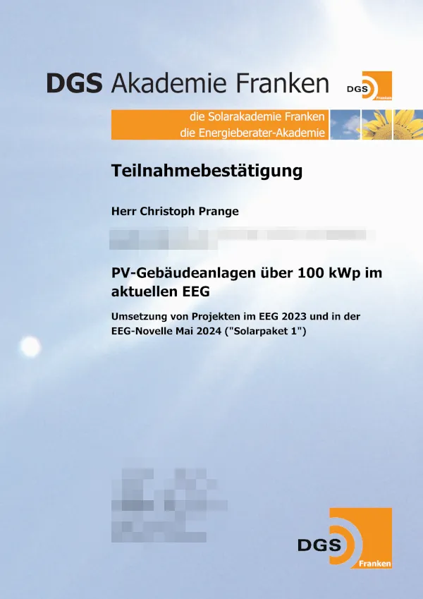 Zertifikat: PV-Gebäudeanlagen über 100 kWp · EEG