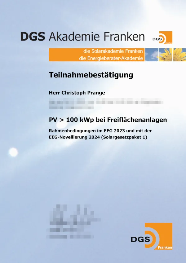 Zertifikat: PV über 100 kWp · Freifläche