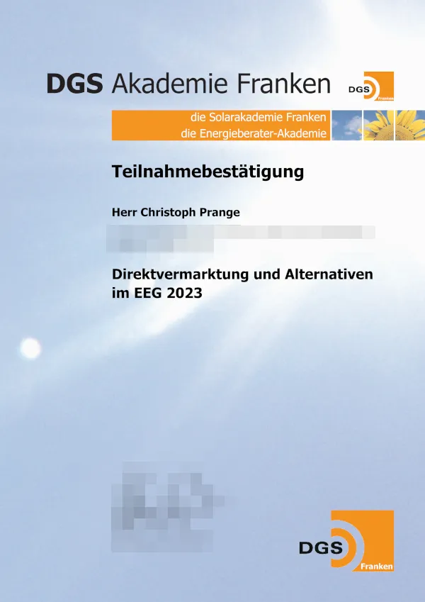 Zertifikat: Direktvermarktung & EEG-Alternativen