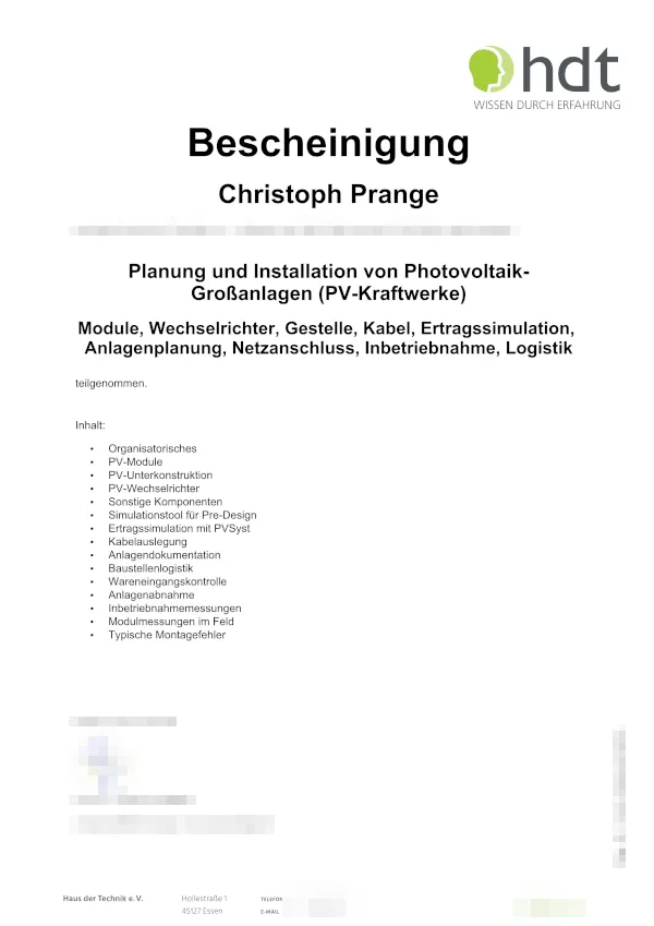 Zertifikat: HDT PV-Großanlagen