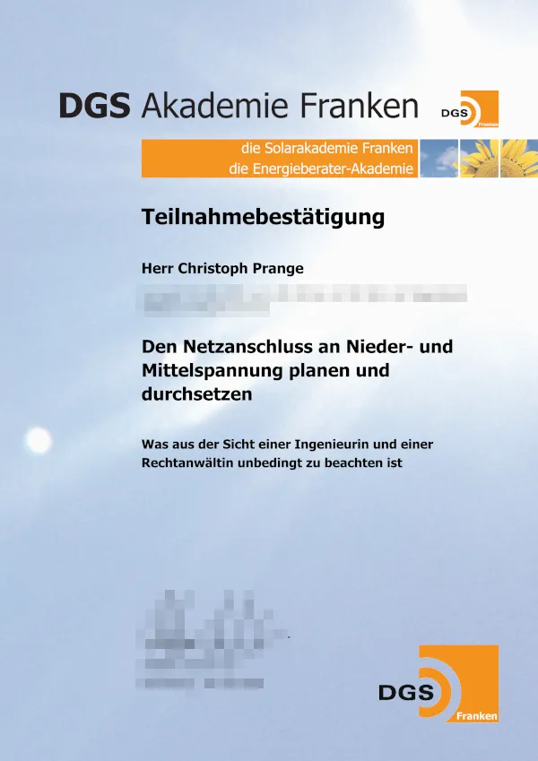 Zertifikat: Netzanschluss Nieder- & Mittelspannung
