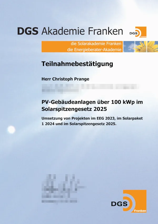 Zertifikat: PV über 100 kWp · Solarspitzengesetz