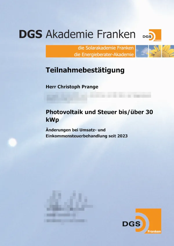 Zertifikat: Photovoltaik & Steuer